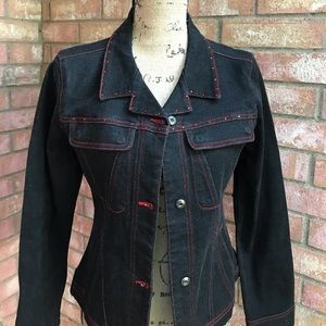 Black Jean Jacket with red jewel & stitching